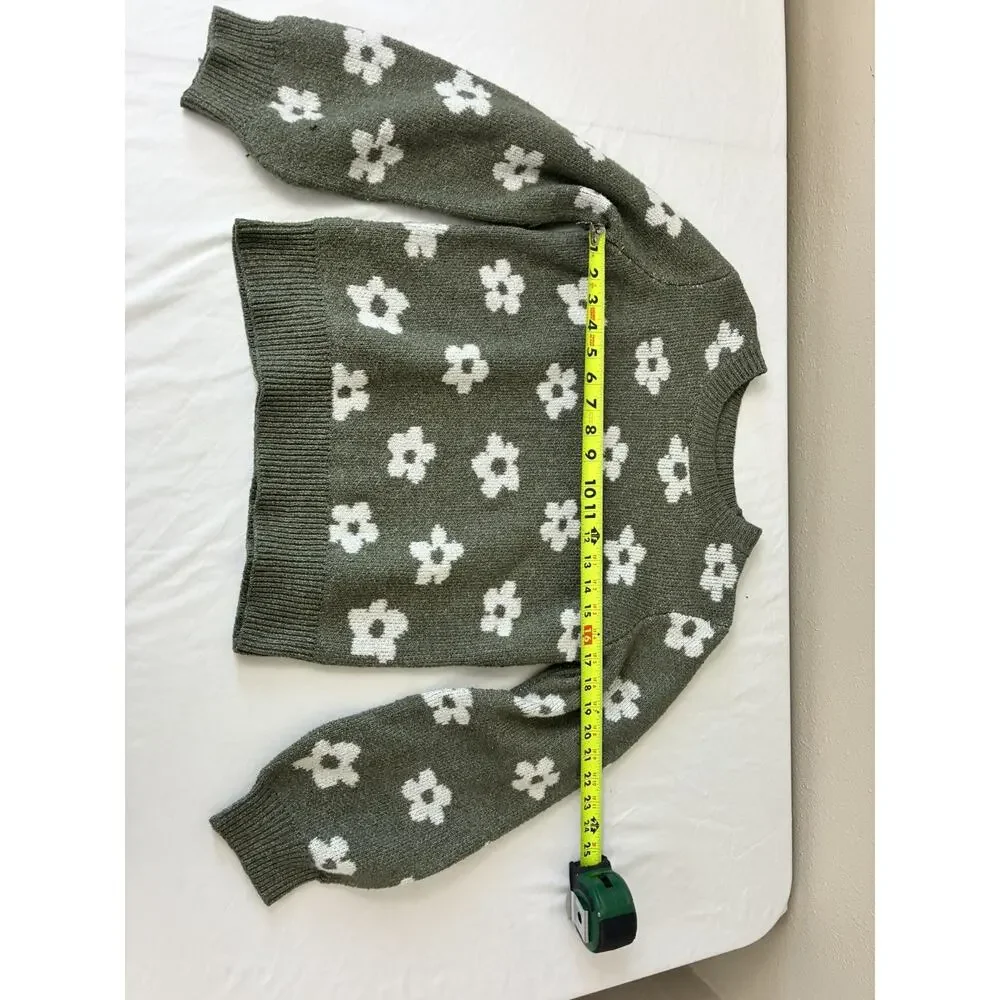Love Ellie Sweater Women L Green Floral Crew Neck Cozy Cottagecore Soft Knit
